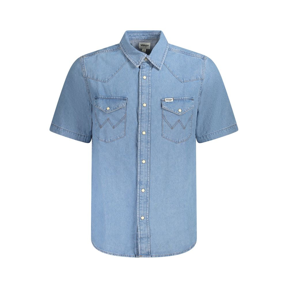 Wrangler Azzurro cotton men's shirt with button-down collar and long sleeves, light blue color, casual style.