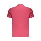 Red cotton men's polo shirt by Napapijri, featuring a classic collar and short sleeves, displayed on a hanger.