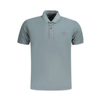 Men's Napapijri Grigio cotton polo shirt with a classic collar and short sleeves, displayed on a hanger.