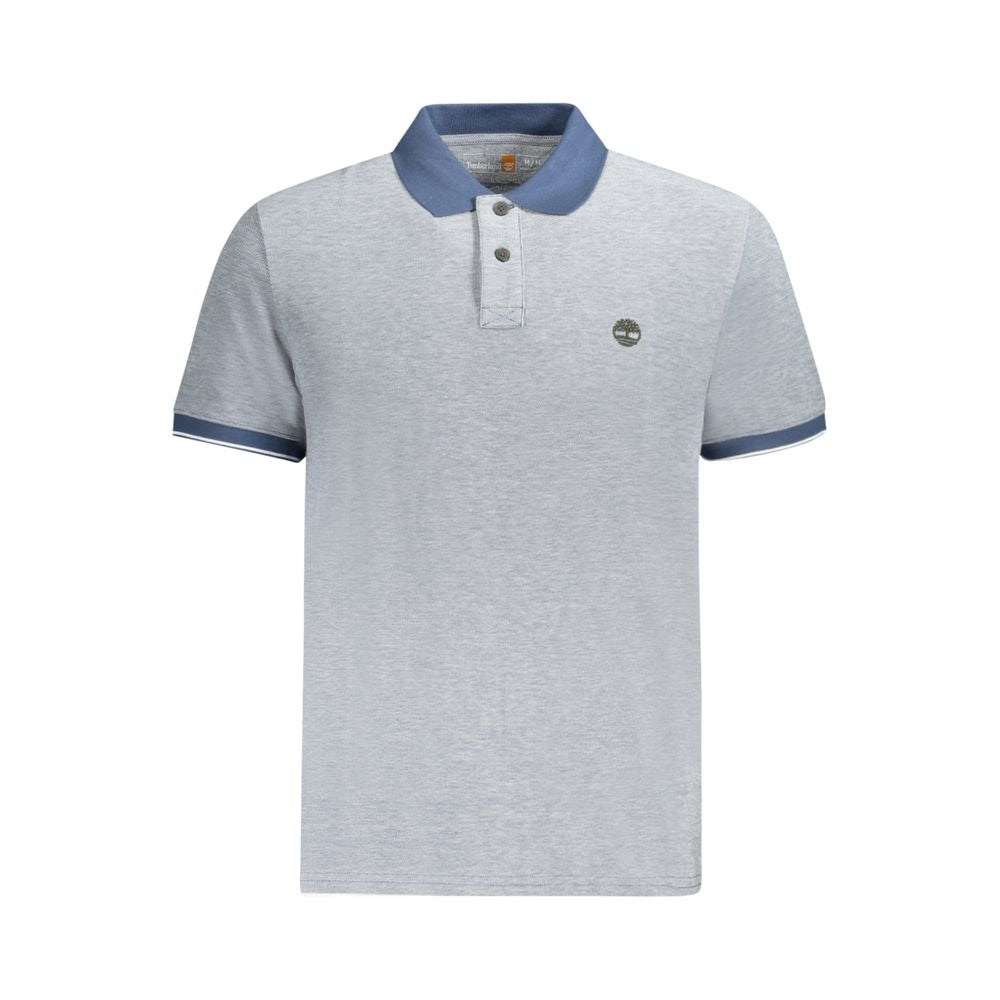 Timberland blue cotton men's polo shirt displayed on a hanger, featuring a classic collar and short sleeves.