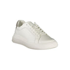Calvin Klein white polyurethane men's sneaker with sleek design and white laces, featuring the brand logo on the side.