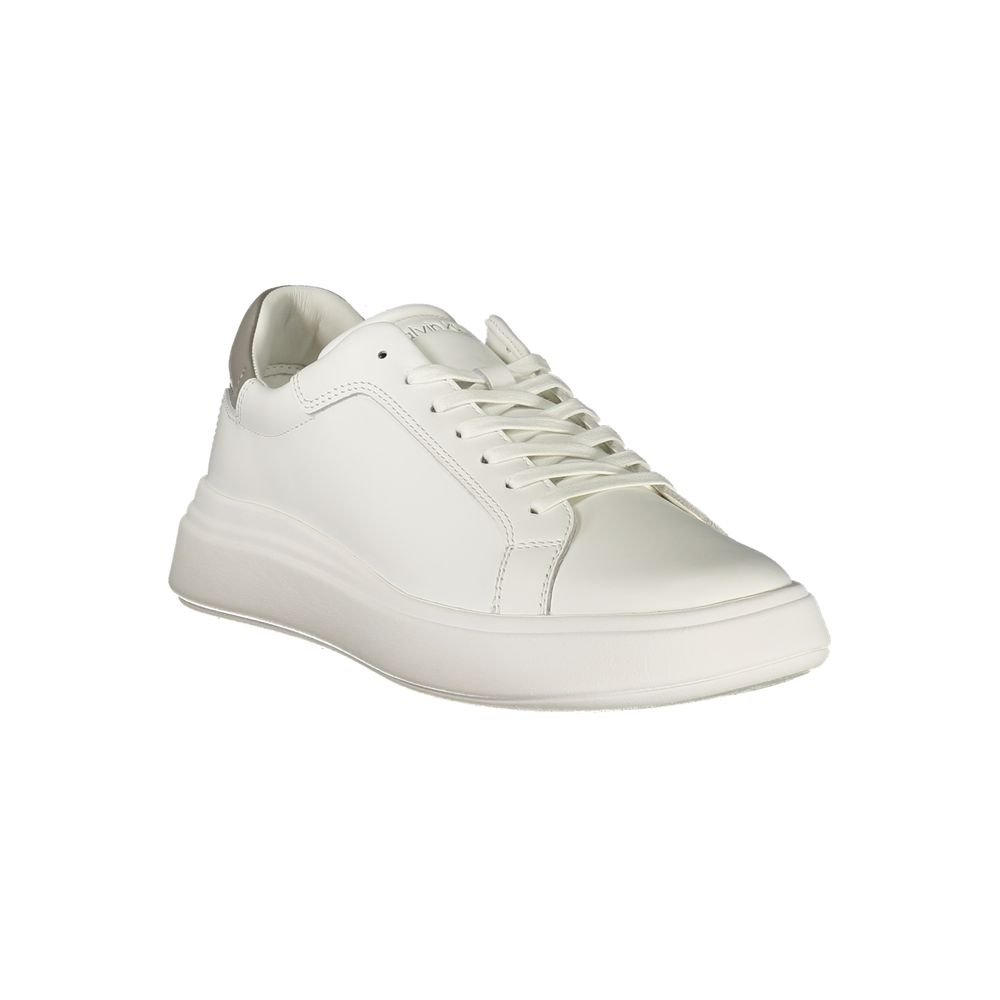 Calvin Klein white polyurethane men's sneaker with sleek design and white laces, featuring the brand logo on the side.