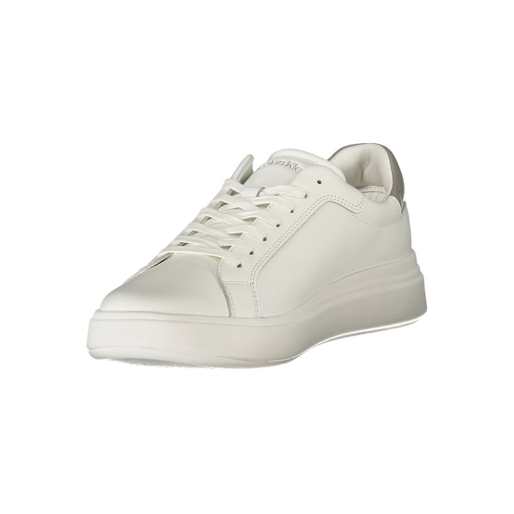 Calvin Klein white polyurethane men's sneaker with sleek design, laces, and casual athletic style.