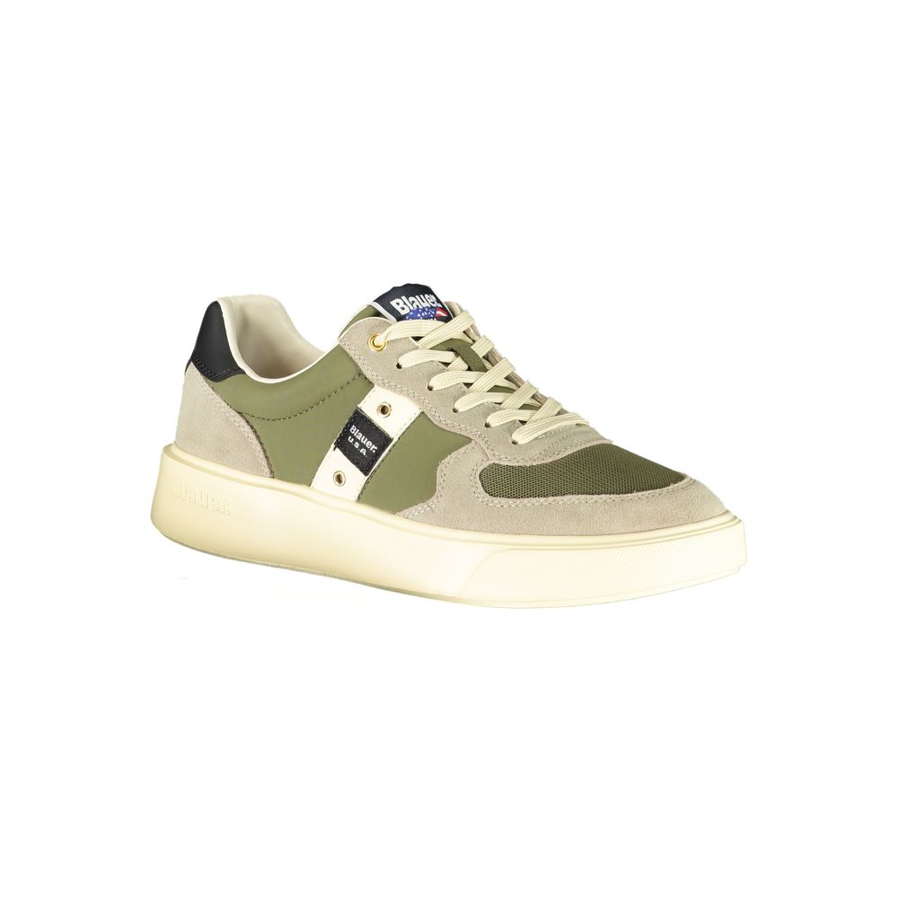 Green leather men's sneaker by Blauer, featuring stylish design and white rubber sole, shown from a side view.