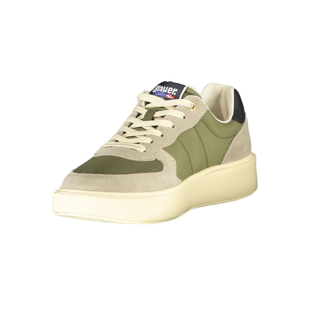 Green leather men's sneaker by Blauer featuring a sleek design and casual style, shown in the image.