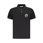 Black cotton men's polo shirt by Trussardi with a classic collar and short sleeves, displayed on a hanger.
