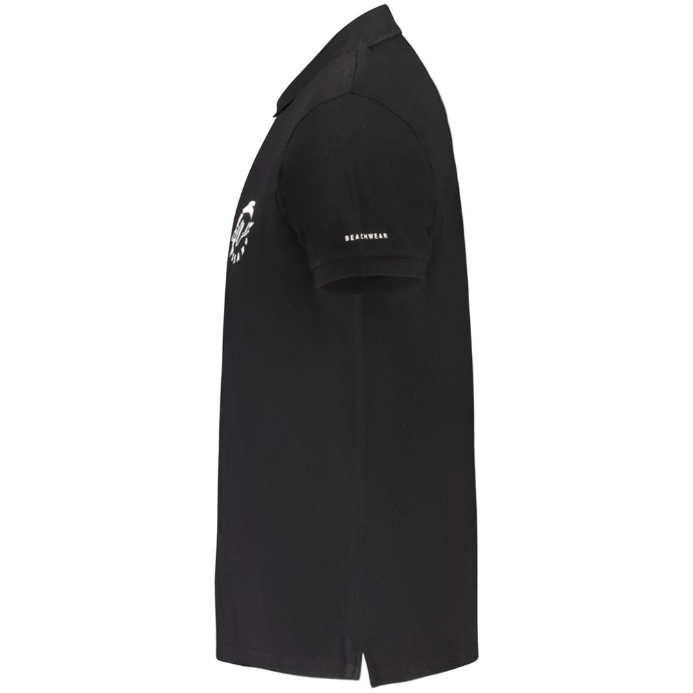 Black cotton men's polo shirt by Trussardi displayed on a hanger, featuring a classic collar and short sleeves.