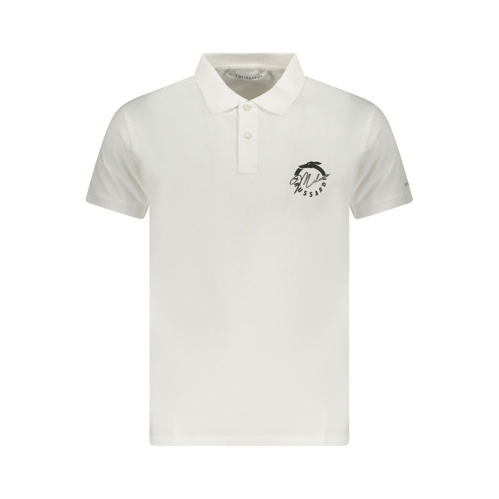 White cotton men's polo shirt by Trussardi, featuring a classic collar and short sleeves, displayed on a plain background.