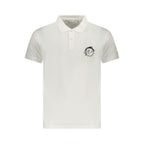 White cotton men's polo shirt by Trussardi, featuring a classic collar and short sleeves, displayed on a plain background.