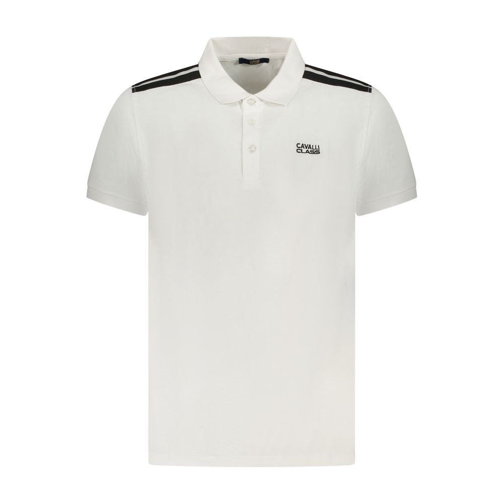 White cotton men's polo shirt by Cavalli Class, featuring a classic collar and short sleeves, displayed flat.