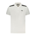 White cotton men's polo shirt by Cavalli Class, featuring a classic collar and short sleeves, displayed flat.
