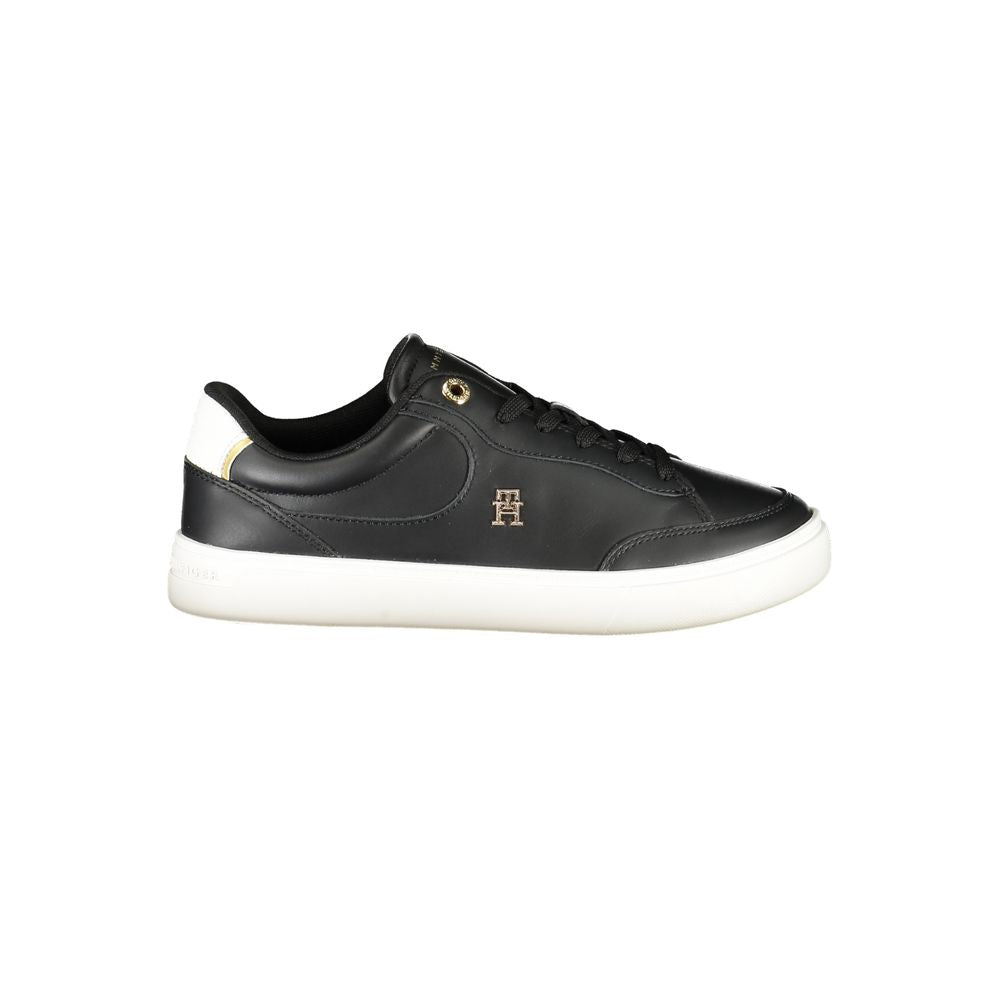 Black Tommy Hilfiger polyurethane women's sneakers with sleek design and logo accents, suitable for casual wear.