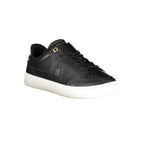 Tommy Hilfiger black polyurethane women’s sneaker with sporty design and white accents, casual athletic footwear.