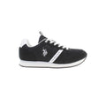 Black U.S. POLO ASSN. men's sneaker made of polyester with a sleek design and white sole, shown from a side view.