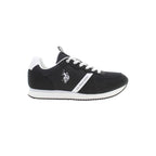 Black U.S. POLO ASSN. men's sneaker made of polyester with a sleek design and white sole, shown from a side view.