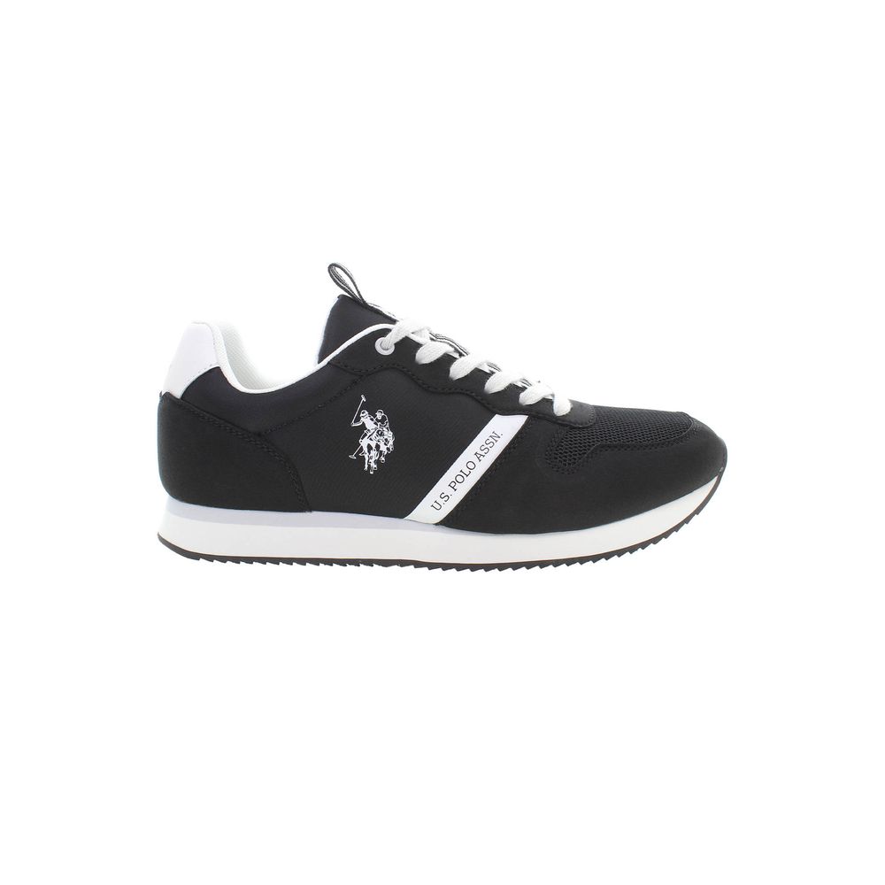 Black U.S. POLO ASSN. men's sneaker made of polyester with a sleek design and white sole, shown from a side view.