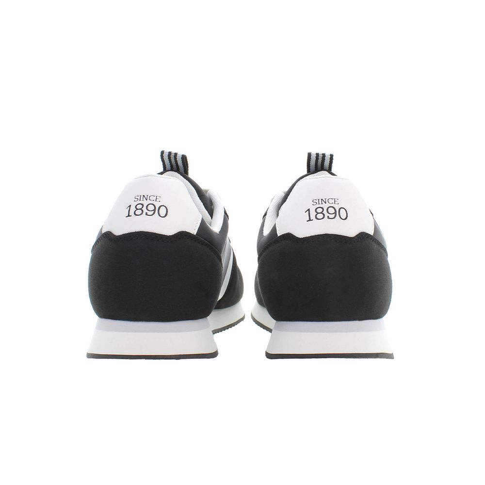 Black polyester men's sneaker by U.S. POLO ASSN. with a sleek design and comfortable fit, shown from a side angle.