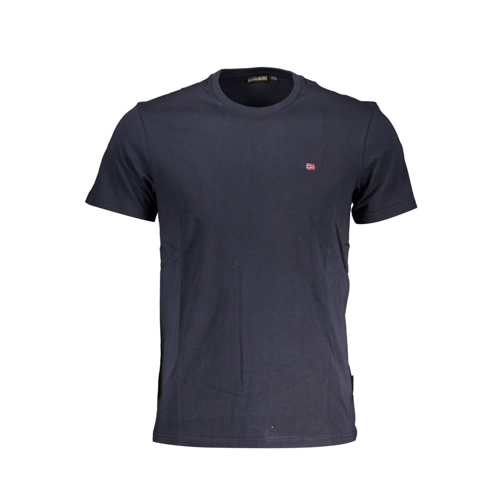 Blue cotton men's T-shirt by Napapijri with a round neckline and short sleeves, displayed flat on a white background.