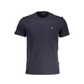 Blue cotton men's T-shirt by Napapijri with a round neckline and short sleeves, displayed flat on a white background.