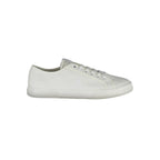 White cotton men's sneaker by Calvin Klein with sleek design and casual style, featuring white laces and rubber sole.