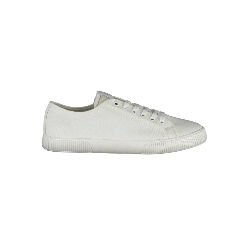 White cotton men's sneaker by Calvin Klein with sleek design and casual style, featuring white laces and rubber sole.