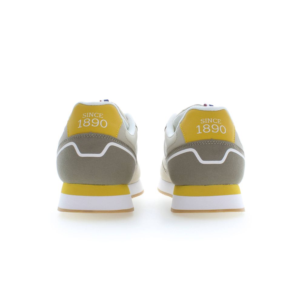 Beige polyester men's sneaker by U.S. POLO ASSN. with white sole and laces, casual athletic style, and brand logo on the side.