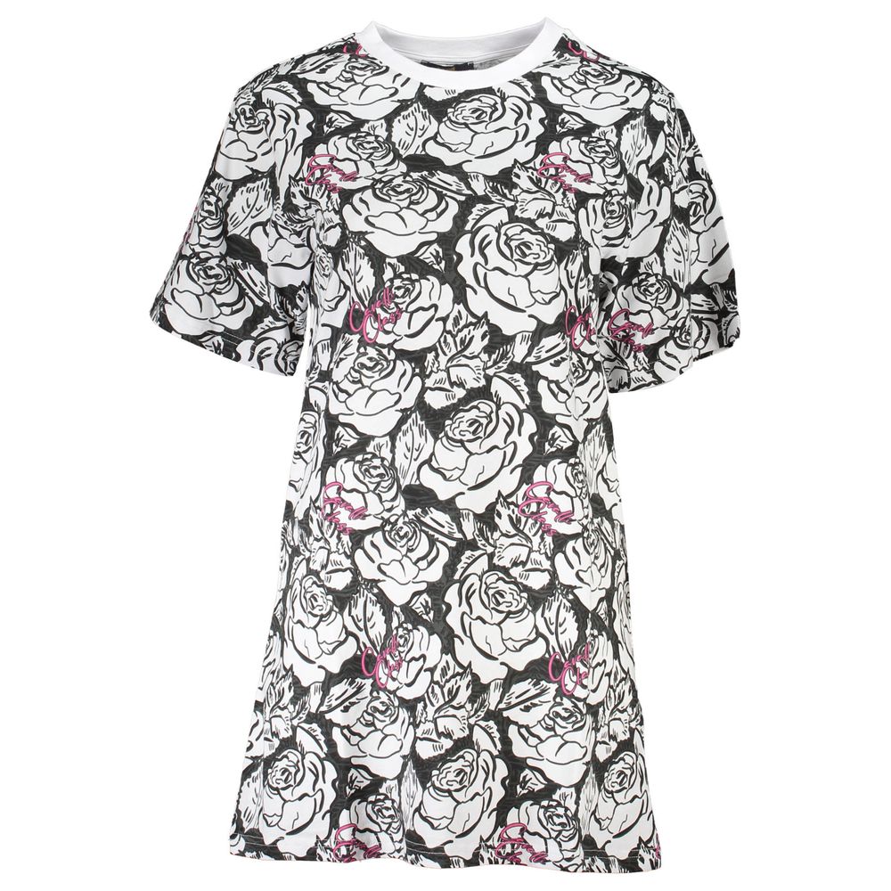 Cavalli Class Bianco Cotton Women's Dress displayed on a hanger, showcasing a sleek, white casual dress with a relaxed fit.