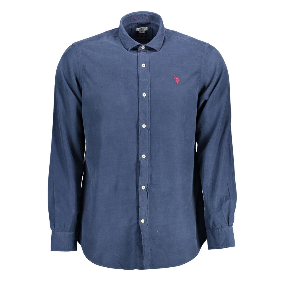 U.S. POLO ASSN. men's blue cotton shirt with button-down collar and long sleeves, casual fit, front chest pocket.