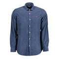 U.S. POLO ASSN. men's blue cotton shirt with button-down collar and long sleeves, casual fit, front chest pocket.