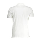 Levi's white cotton men's polo shirt with a classic collar and short sleeves, displayed on a hanger.