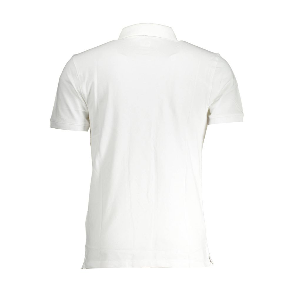 Levi's white cotton men's polo shirt with a classic collar and short sleeves, displayed on a hanger.