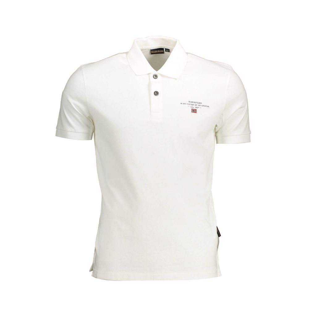White cotton men's polo shirt by Napapijri, featuring a classic collar and short sleeves, displayed on a hanger.