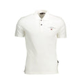 White cotton men's polo shirt by Napapijri, featuring a classic collar and short sleeves, displayed on a hanger.
