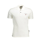 White cotton men's polo shirt by Napapijri, featuring a classic collar and short sleeves, displayed on a hanger.