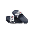 Fila blue polyurethane women's slippers displayed on a plain background. Comfortable slip-on footwear with a casual style.