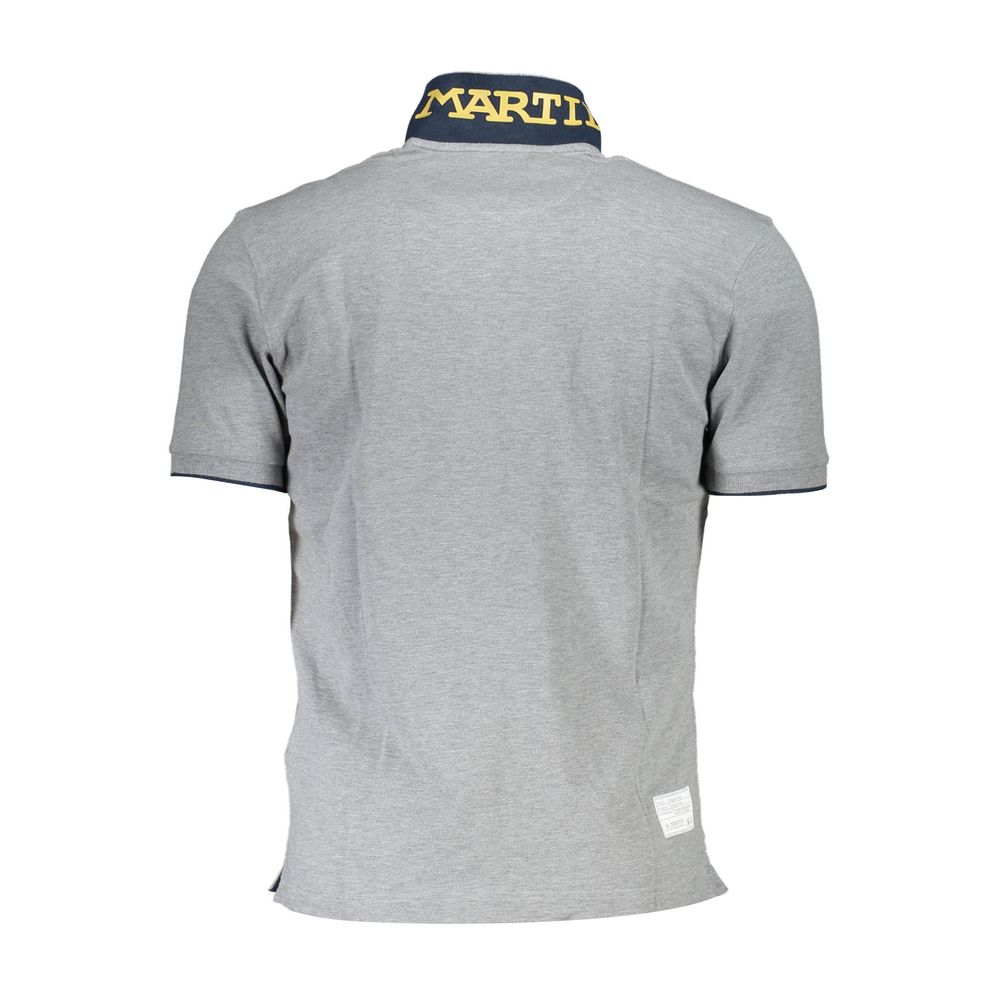 La Martina men's gray cotton polo shirt with classic collar and short sleeves, displayed on a hanger.