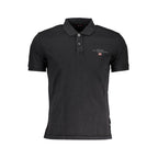 Black cotton men's polo shirt by Napapijri with a classic collar and short sleeves, styled on a plain background.