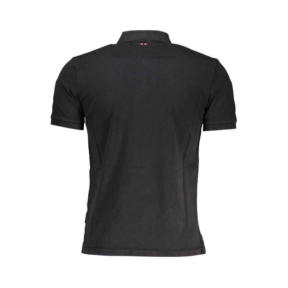 Black cotton men's polo shirt by Napapijri, featuring a classic collar and short sleeves, displayed on a plain background.