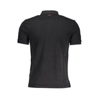 Black cotton men's polo shirt by Napapijri, featuring a classic collar and short sleeves, displayed on a plain background.