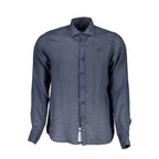 La Martina men's blue linen shirt with a classic collar and button front, perfect for casual and summer wear.