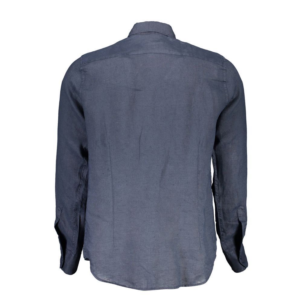 La Martina blue linen men's shirt displayed on a hanger, featuring a classic collar and button-front design.