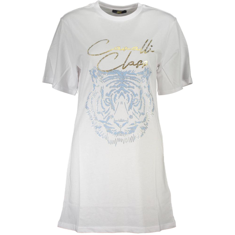 Cavalli Class Bianco cotton women's T-shirt with short sleeves and round neckline, casual stylish top for everyday wear.