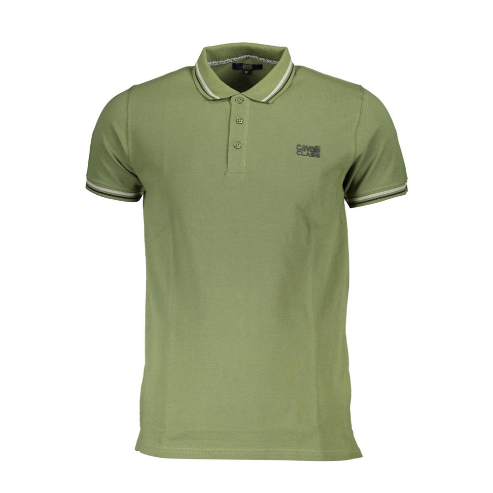 Cavalli Class green cotton men's polo shirt with a classic collar and short sleeves, featuring subtle branding details.