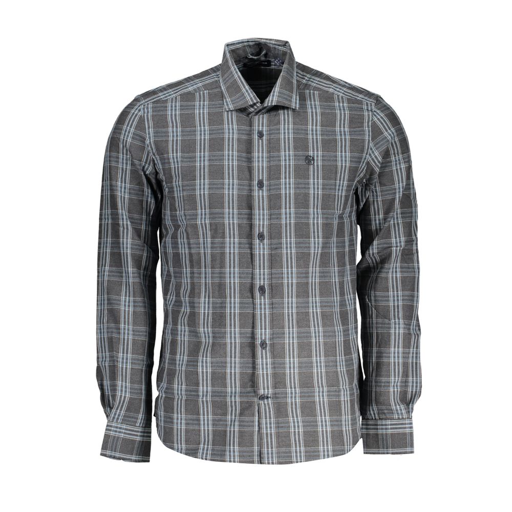 North Sails Grigio cotton men's shirt displayed on a hanger, featuring a classic collar and button-down front.