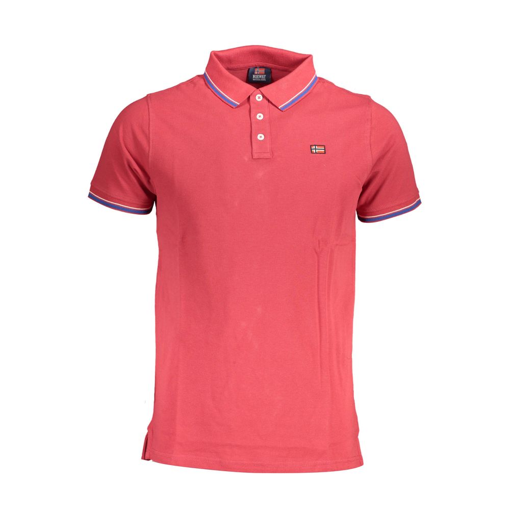 Red cotton men's polo shirt from Norway 1963 featuring a classic collar and short sleeves.