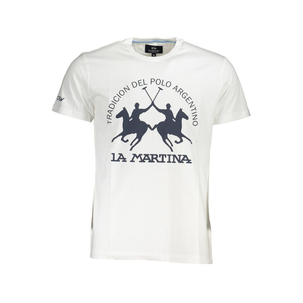White cotton men's T-shirt by La Martina, showing a close-up of the fabric and fit on a model.