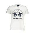 White cotton men's T-shirt by La Martina, showing a close-up of the fabric and fit on a model.