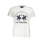 White cotton men's T-shirt by La Martina, showing a close-up of the fabric and fit on a model.