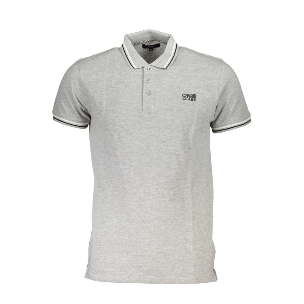 Cavalli Class Grigio cotton men's polo shirt with collar and short sleeves, styled casually on a plain background.
