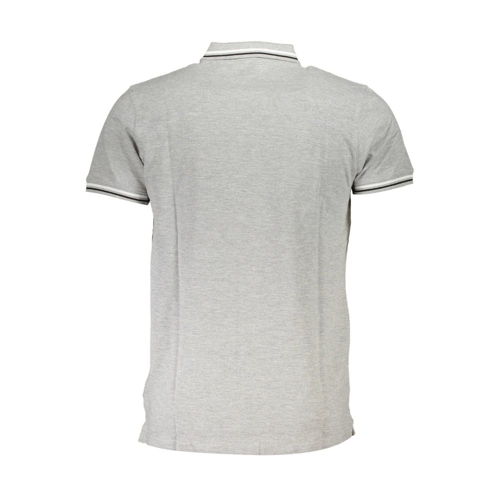 Men's Cavalli Class Grigio cotton polo shirt with collar and short sleeves, casual style, front buttons, and brand logo detail.